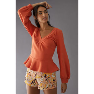 Anthropologie Maeve V-Neck Ruched Peplum Orange Sweatshirt